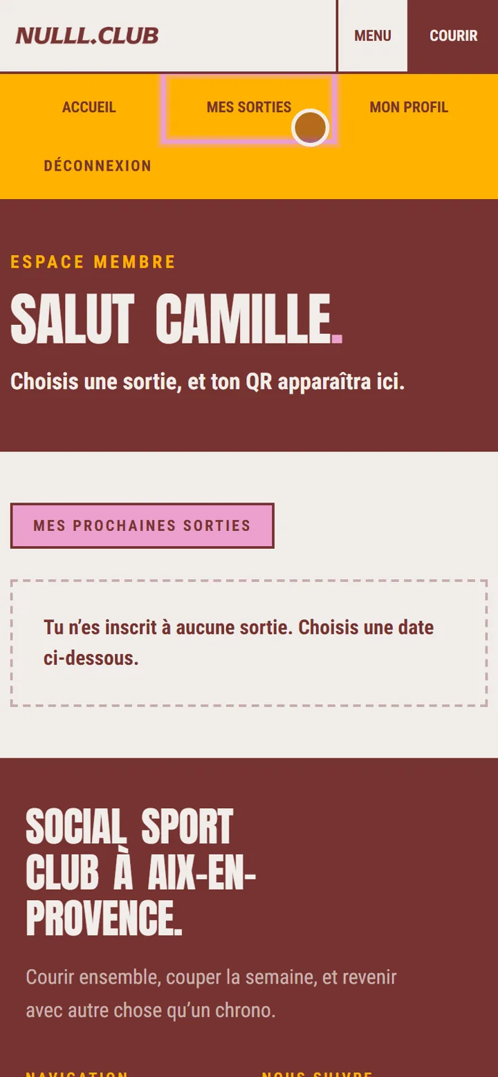 Espace membre NULLL.CLUB sur mobile, l’onglet Mes sorties est mis en évidence