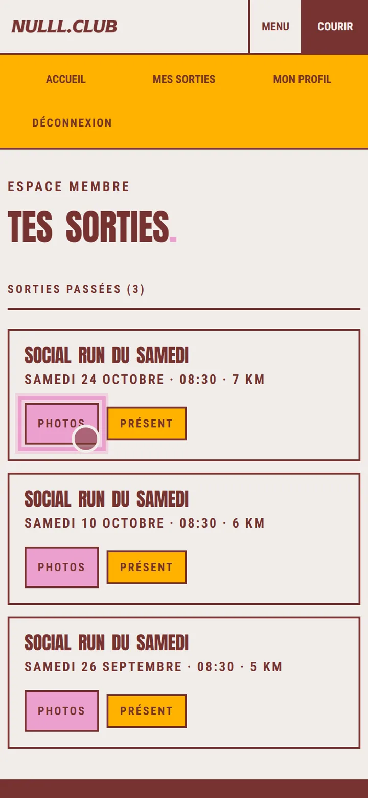 Liste des sorties passées, le bouton Photos de la dernière sortie est mis en évidence