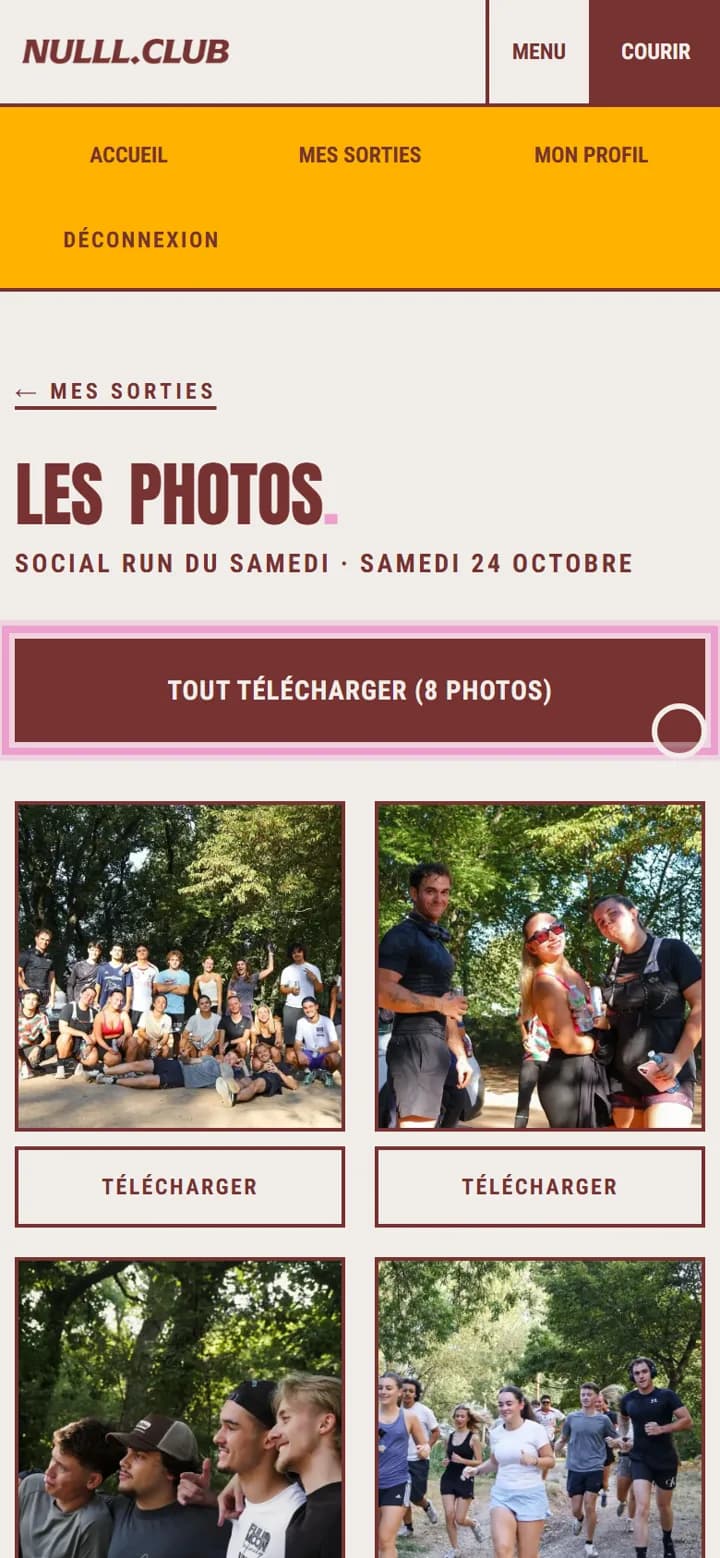 Page Les photos d’une sortie, le bouton Tout télécharger est mis en évidence